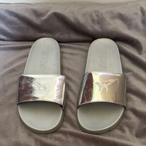 PINK Victoria's Secret Metallic Silver Slides